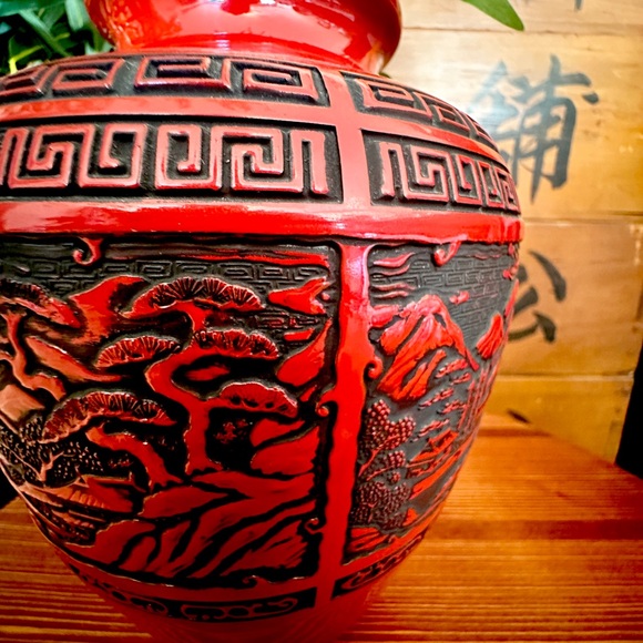 Japanese Flower Vase Red Cinnabar Lacquer Kabin Ikebana Kamakura Bori Ceremony - Picture 5 of 15